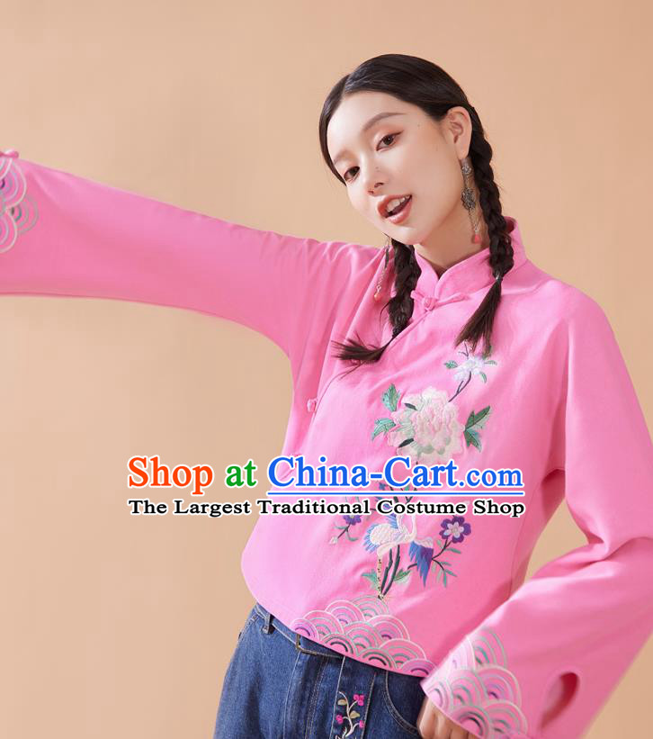 Chinese Traditional Costume Embroidered Pink Blouse National Woman Tang Suit Shirt