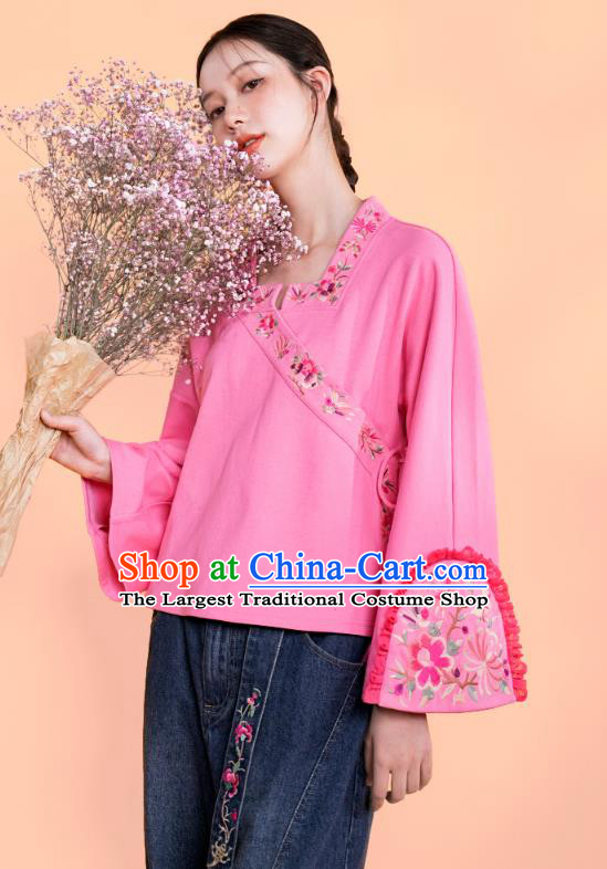 Chinese Traditional Woman Costume Embroidered Outer Garment National Tang Suit Pink Jacket