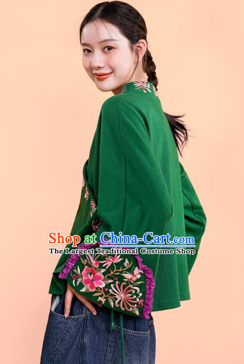 Chinese Traditional National Woman Costume Tang Suit Outer Garment Embroidered Deep Green Jacket