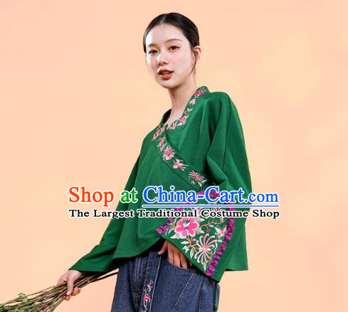 Chinese Traditional National Woman Costume Tang Suit Outer Garment Embroidered Deep Green Jacket