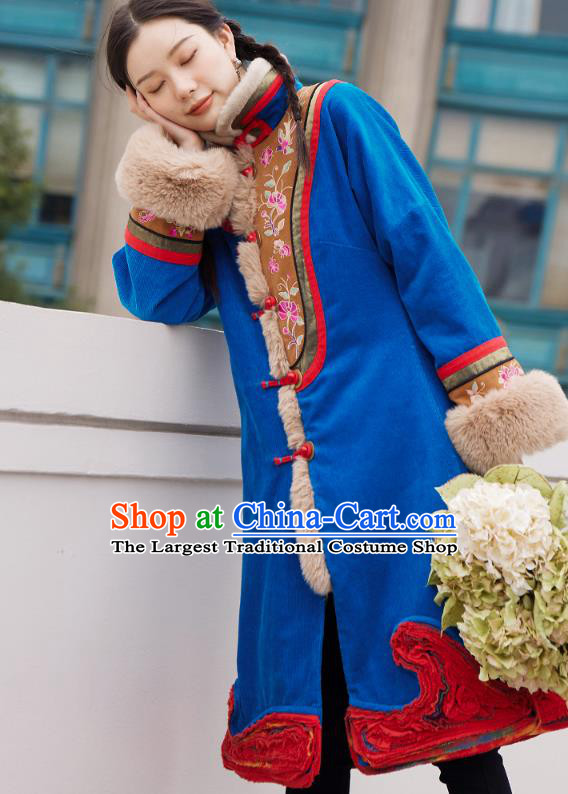 Chinese Traditional National Winter Costume Tang Suit Blue Greatcoat Embroidered Outer Garment