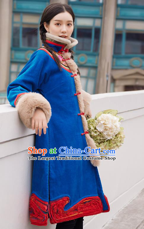 Chinese Traditional National Winter Costume Tang Suit Blue Greatcoat Embroidered Outer Garment