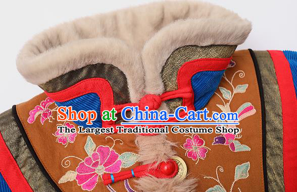 Chinese Traditional National Winter Costume Tang Suit Blue Greatcoat Embroidered Outer Garment