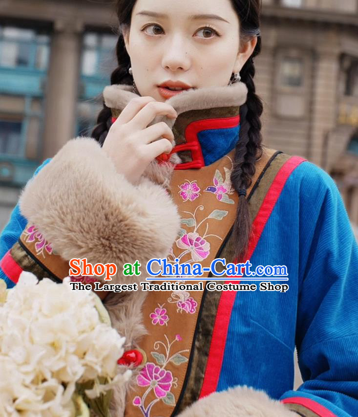 Chinese Traditional National Winter Costume Tang Suit Blue Greatcoat Embroidered Outer Garment