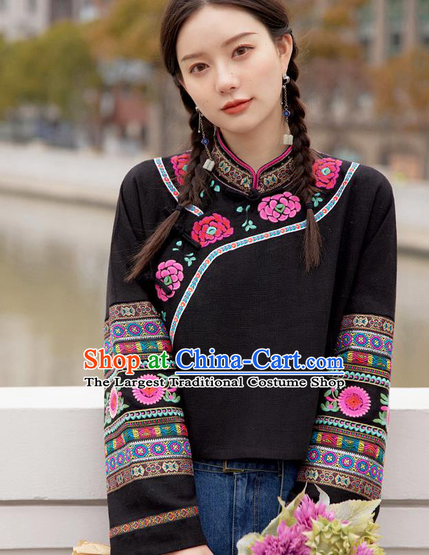 Chinese Traditional National Outer Garment Costume Tang Suit Embroidered Black Jacket