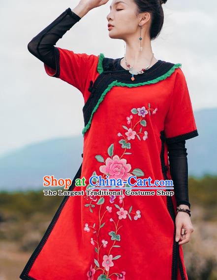 Chinese Traditional National Woman Costume Tang Suit Embroidered Red Long Shirt