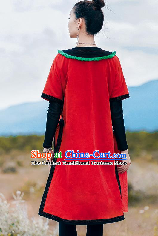 Chinese Traditional National Woman Costume Tang Suit Embroidered Red Long Shirt