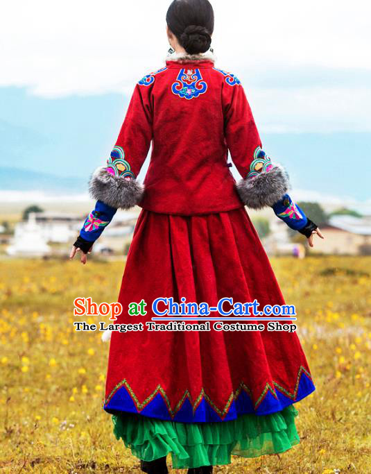 Chinese National Woman Skirt Costume Traditional Embroidered Red Bust Skirt