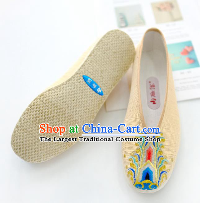China Traditional Folk Dance Shoes Handmade National Woman Shoes Embroidered Yellow Cloth Shoes