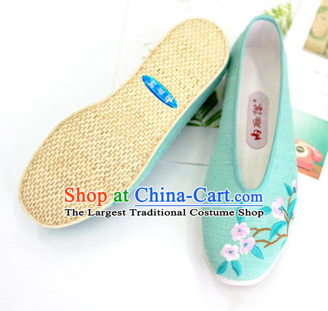China Embroidered Plum Green Cloth Shoes Traditional Folk Dance Shoes Handmade National Shoes