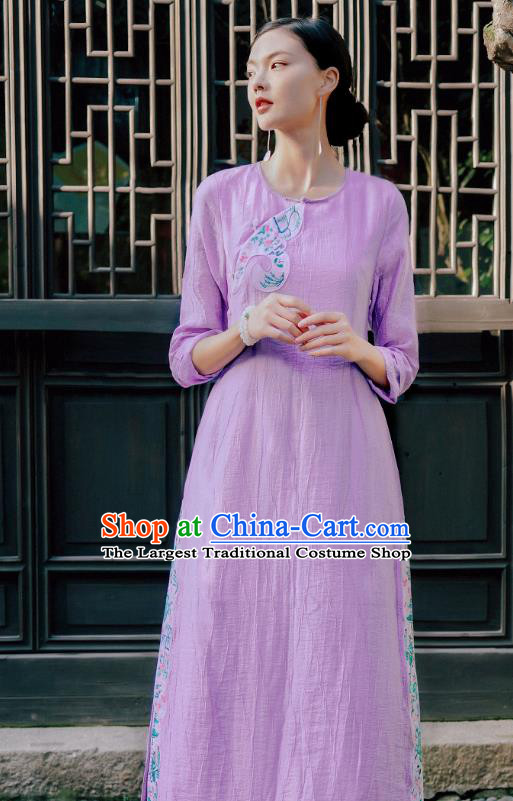 Chinese National Young Lady Embroidered Violet Cheongsam Traditional Slant Opening Qipao Dress Costume