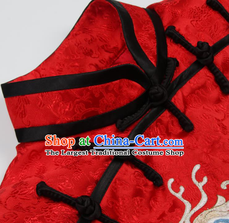 Chinese National Embroidered Kylin Red Brocade Waistcoat Tang Suit Vest Costume Traditional Woman Top Garment