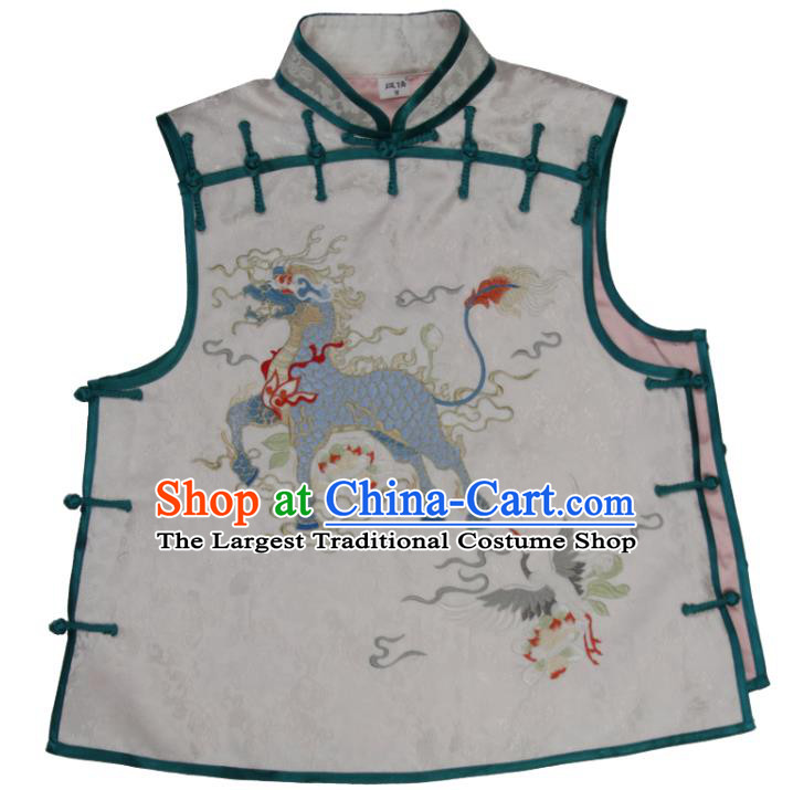 Chinese National Embroidered Kylin White Brocade Waistcoat Tang Suit Vest Costume Traditional Woman Top Garment
