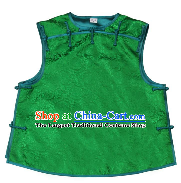 Chinese National Woman Vest Costume Tang Suit Green Brocade Waistcoat Traditional Top Garment