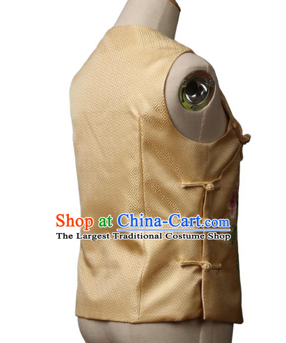 Chinese Tang Suit Embroidered Peony Bird Waistcoat Traditional Top Garment National Woman Golden Brocade Vest Costume