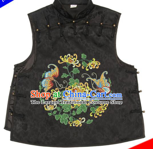 Chinese Traditional Black Brocade Top Garment National Woman Vest Costume Tang Suit Embroidered Chrysanthemum Waistcoat