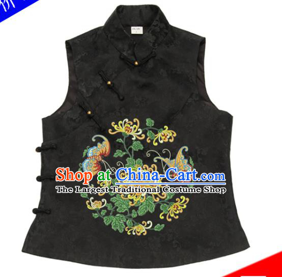 Chinese Traditional Black Brocade Top Garment National Woman Vest Costume Tang Suit Embroidered Chrysanthemum Waistcoat