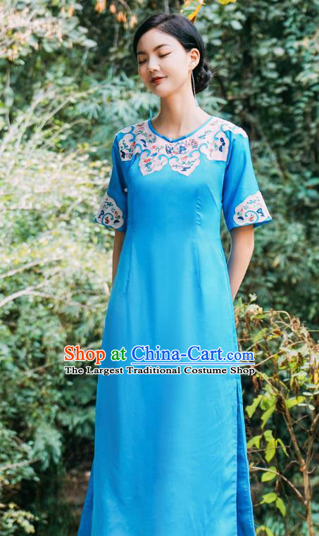 Chinese Traditional Round Collar Qipao Dress Costume National Young Lady Embroidered Blue Cheongsam