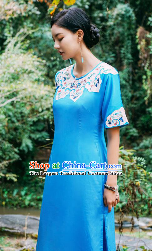 Chinese Traditional Round Collar Qipao Dress Costume National Young Lady Embroidered Blue Cheongsam