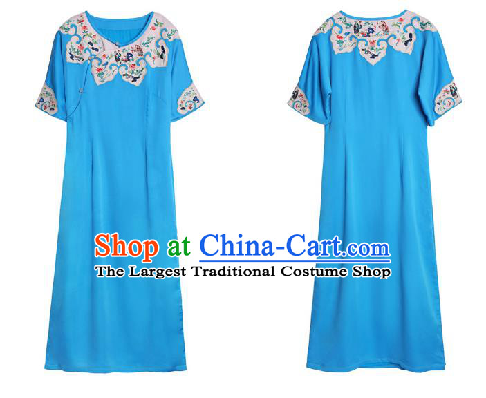 Chinese Traditional Round Collar Qipao Dress Costume National Young Lady Embroidered Blue Cheongsam