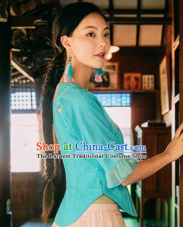 China Traditional Embroidered Blue Blouse National Woman Shirt Clothing Tang Suit Upper Outer Garment