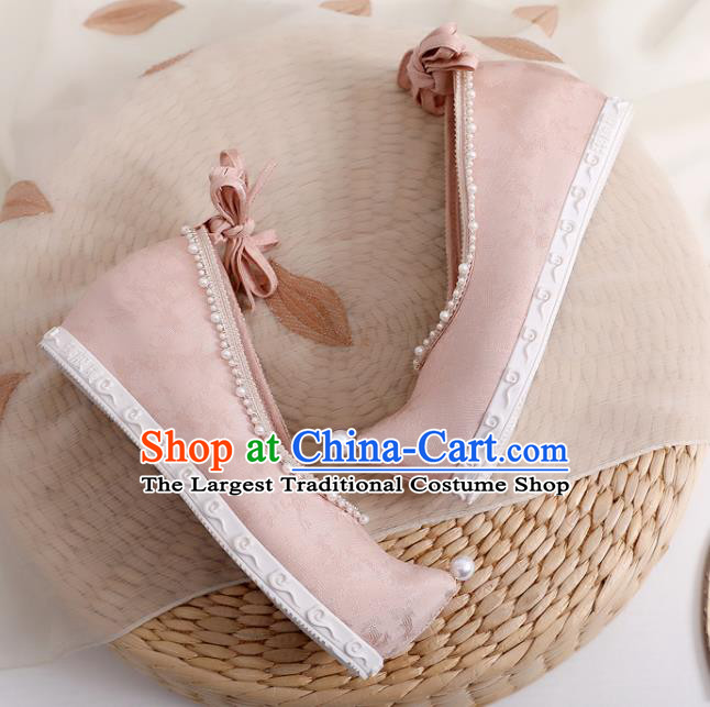 China Handmade Pearls Bow Shoes National Pink Cloth Shoes Traditional Ming Dynasty Hanfu Shoes