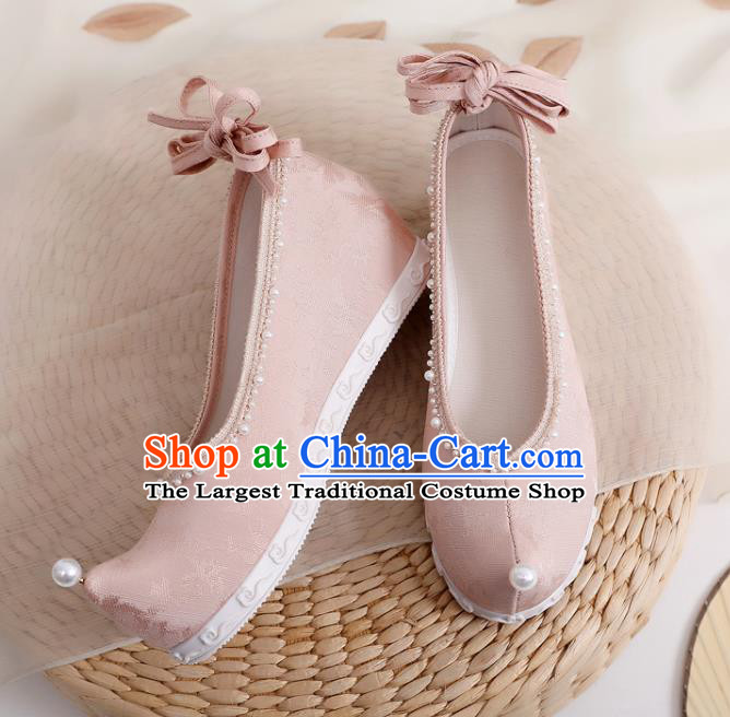 China Handmade Pearls Bow Shoes National Pink Cloth Shoes Traditional Ming Dynasty Hanfu Shoes