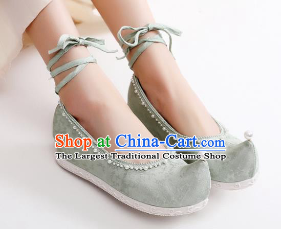 China Traditional Ming Dynasty Hanfu Shoes Handmade Pearls Bow Shoes National Green Cloth Shoes