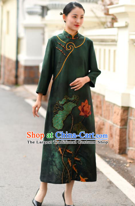 Chinese Traditional Printing Lotus Qipao Dress Costume National Young Lady Deep Green Silk Cheongsam