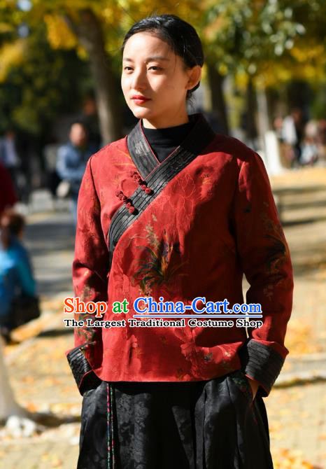 China National Woman Outer Garment Clothing Tang Suit Greatcoat Traditional Red Silk Cotton Wadded Jacket