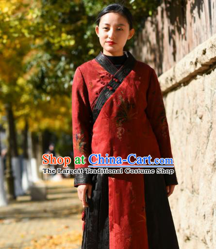 China National Woman Outer Garment Clothing Tang Suit Greatcoat Traditional Red Silk Cotton Wadded Jacket