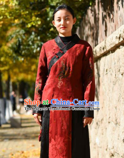 China National Woman Outer Garment Clothing Tang Suit Greatcoat Traditional Red Silk Cotton Wadded Jacket