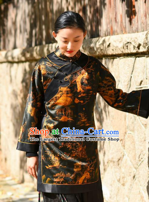China Tang Suit Greatcoat Traditional Black Silk Cotton Wadded Jacket National Woman Outer Garment Clothing