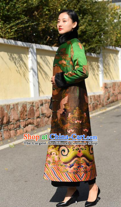 China National Woman Outer Garment Clothing Tang Suit Printing Green Silk Greatcoat Traditional Cotton Wadded Coat