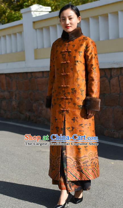 China Traditional Cotton Wadded Coat National Woman Outer Garment Clothing Tang Suit Orange Silk Greatcoat
