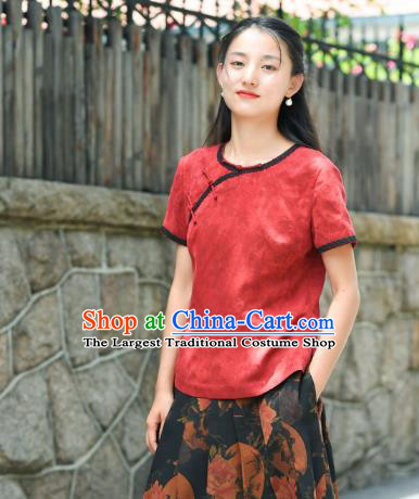 Chinese Traditional Red Silk Shirt Clothing Tang Suit Blouse National Woman Upper Outer Garment