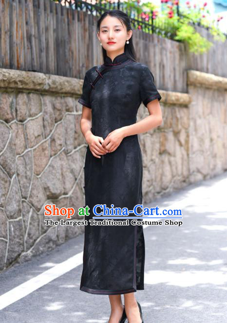 Chinese Traditional Qipao Dress Costume National Young Lady Black Silk Cheongsam