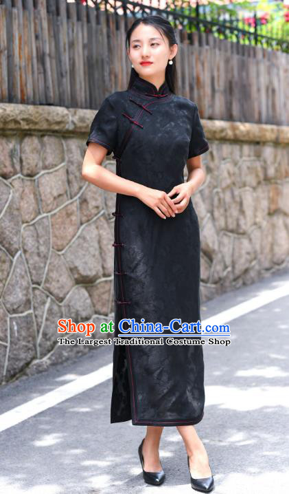 Chinese Traditional Qipao Dress Costume National Young Lady Black Silk Cheongsam