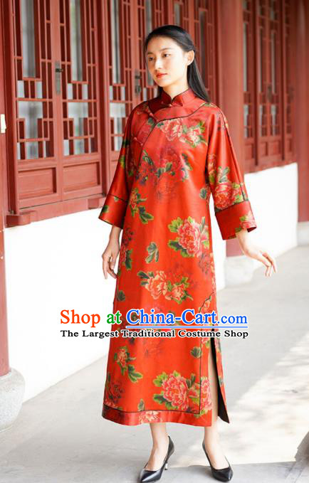 Chinese Traditional Red Silk Qipao Dress Costume National Young Lady Printing Peony Cheongsam