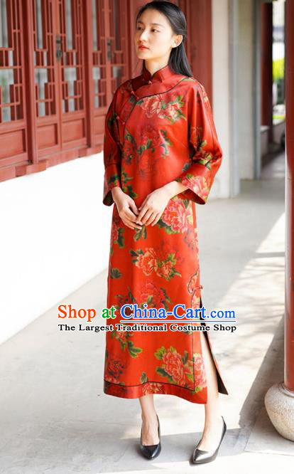 Chinese Traditional Red Silk Qipao Dress Costume National Young Lady Printing Peony Cheongsam