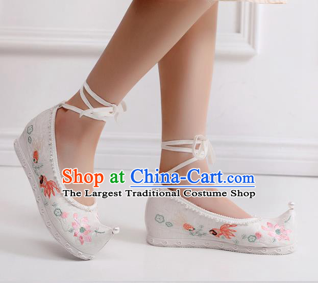 China National Embroidered Lotus Bow Shoes Traditional Ming Dynasty Princess Shoes Handmade Hanfu White Cloth Shoes