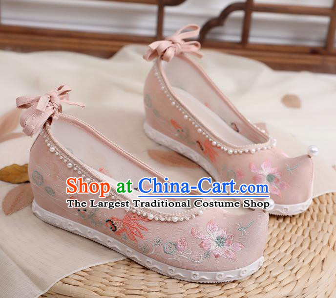 China Handmade Hanfu Pink Cloth Shoes National Embroidered Lotus Bow Shoes Traditional Ming Dynasty Princess Shoes
