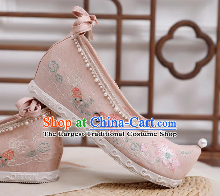 China Handmade Hanfu Pink Cloth Shoes National Embroidered Lotus Bow Shoes Traditional Ming Dynasty Princess Shoes