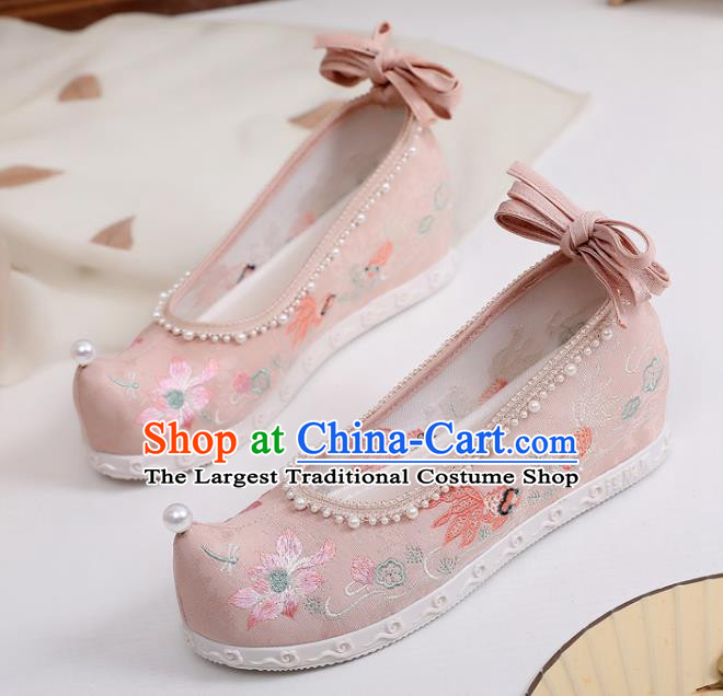 China Handmade Hanfu Pink Cloth Shoes National Embroidered Lotus Bow Shoes Traditional Ming Dynasty Princess Shoes