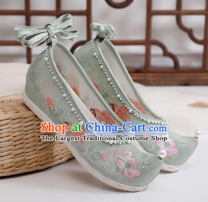 China Traditional Ming Dynasty Princess Shoes Handmade Hanfu Green Cloth Shoes National Embroidered Lotus Bow Shoes