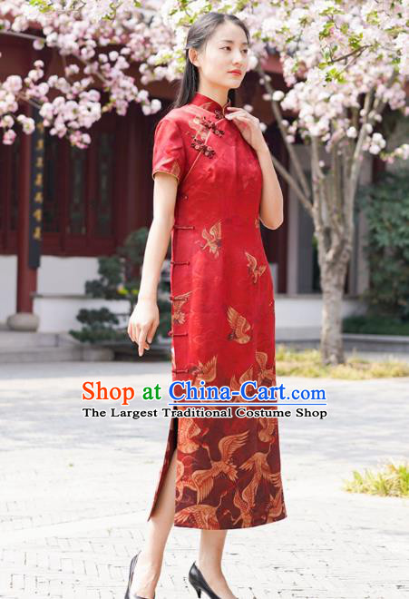 Chinese Traditional Printing Cranes Qipao Dress Costume National Young Lady Red Silk Cheongsam