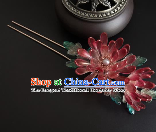 China Ancient Princess Red Chrysanthemum Hairpin Traditional Song Dynasty Palace Lady Hair Stick