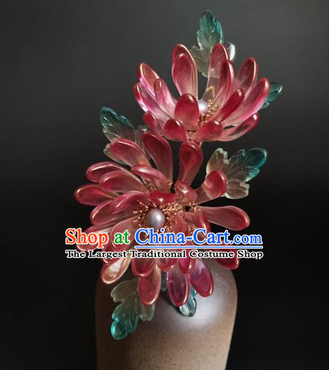 China Ancient Princess Red Chrysanthemum Hairpin Traditional Song Dynasty Palace Lady Hair Stick
