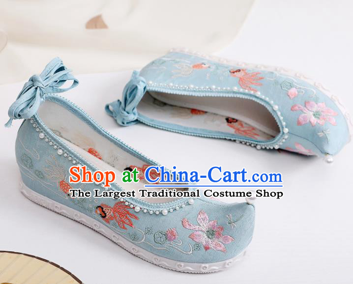 China National Embroidered Lotus Shoes Traditional Ming Dynasty Princess Shoes Handmade Hanfu Blue Cloth Bow Shoes