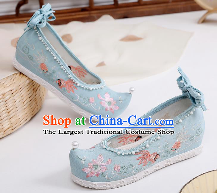 China National Embroidered Lotus Shoes Traditional Ming Dynasty Princess Shoes Handmade Hanfu Blue Cloth Bow Shoes